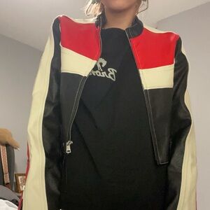 Urban Outfitters Red, Black, and Cream Leather Jacket